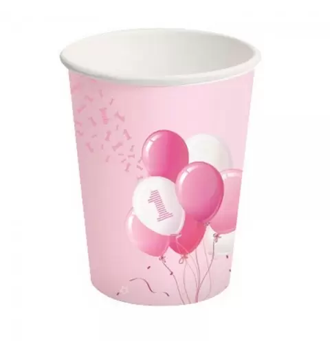 Bicchieri carta 250 ml 1 Compleanno Palloncini rosa 8 pz