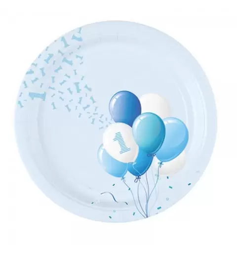 Piatti Ø 23 cm 1 Compleanno Palloncini Azzurro 8 pz