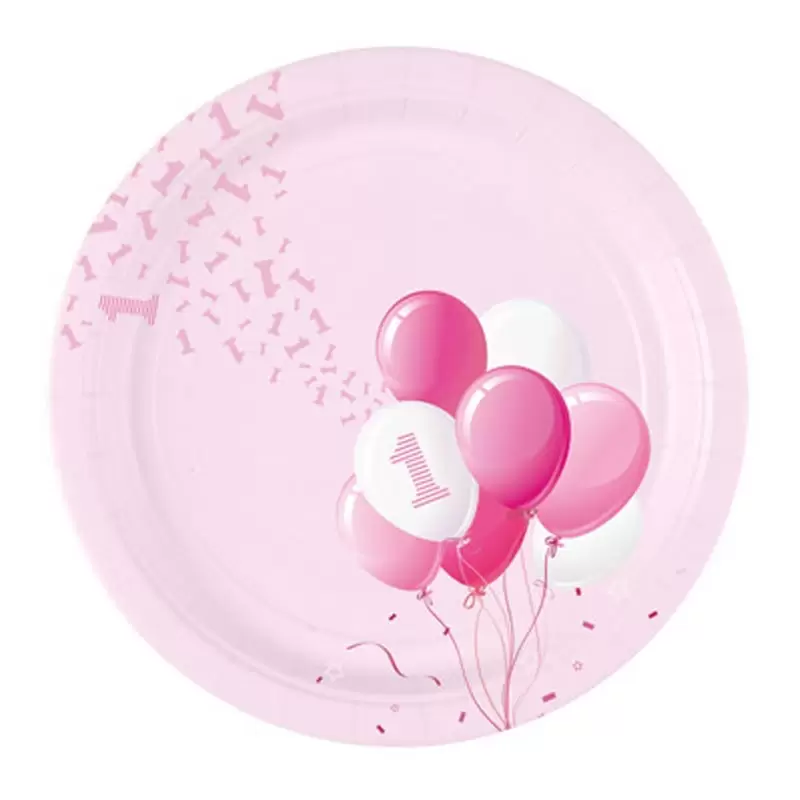Piatti Ø 23 cm 1 Compleanno Palloncini rosa 8 pz