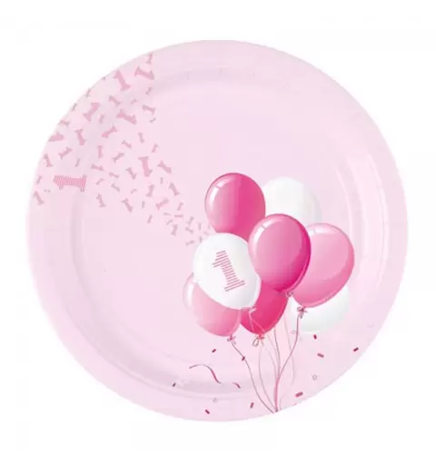 Piatti Ø 23 cm 1 Compleanno Palloncini rosa 8 pz