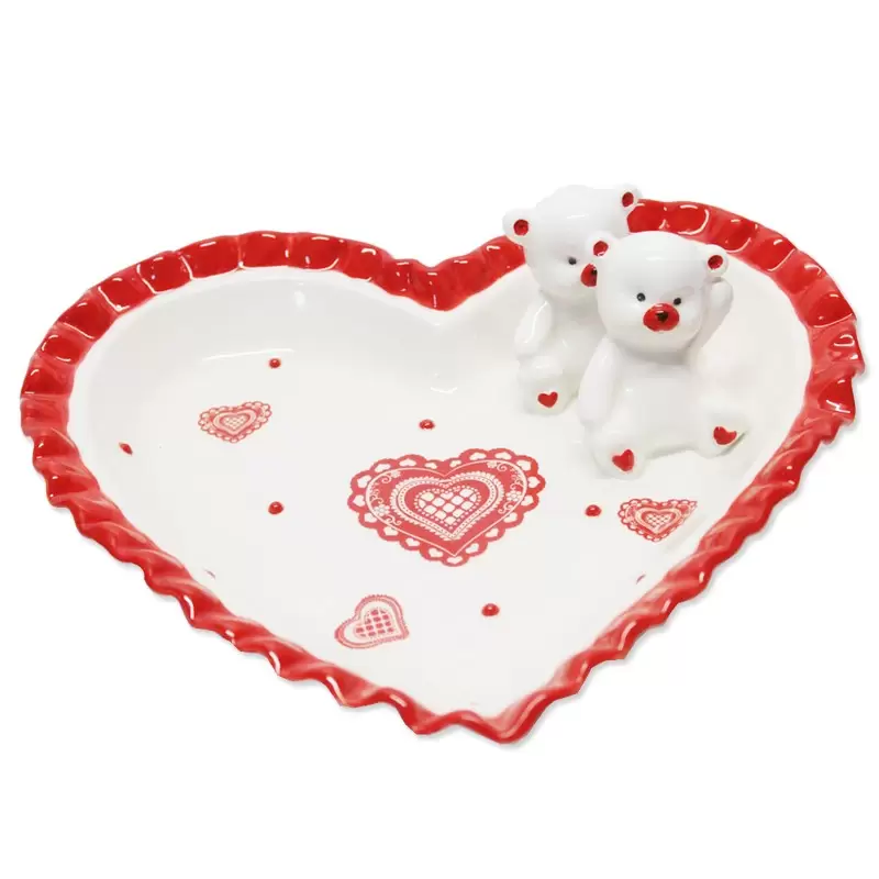 PIATTINO CUORE PORTA CIOCCOLATINI IN CERAMICA LOVE CON ORSETTI 2758 - 25 CM
