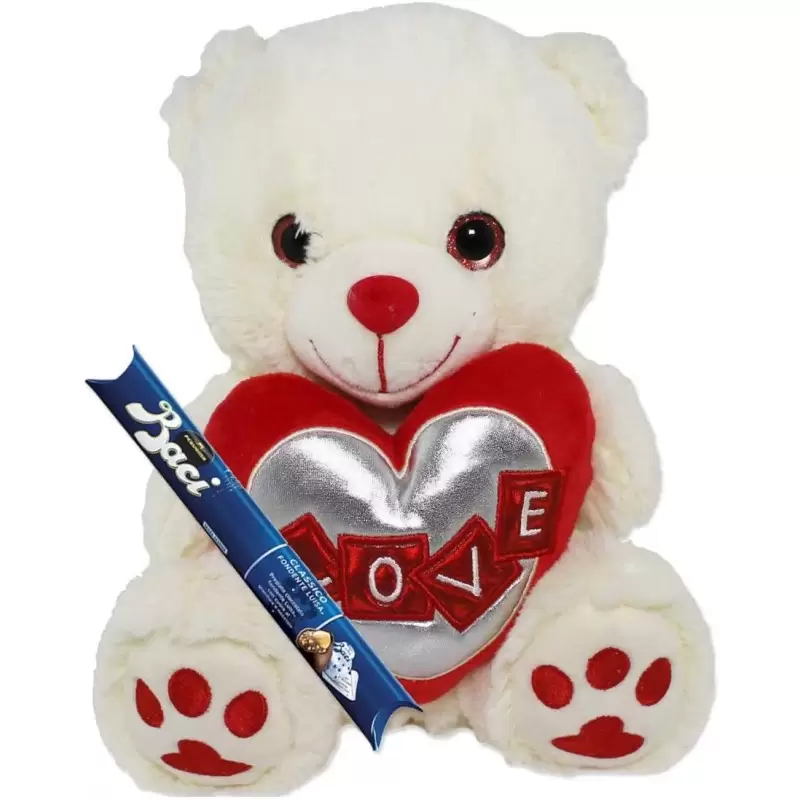 ORSO DI PELUCHE BIANCO CUORE LOVE METAL CON TUBO DI BACI PERUGINA