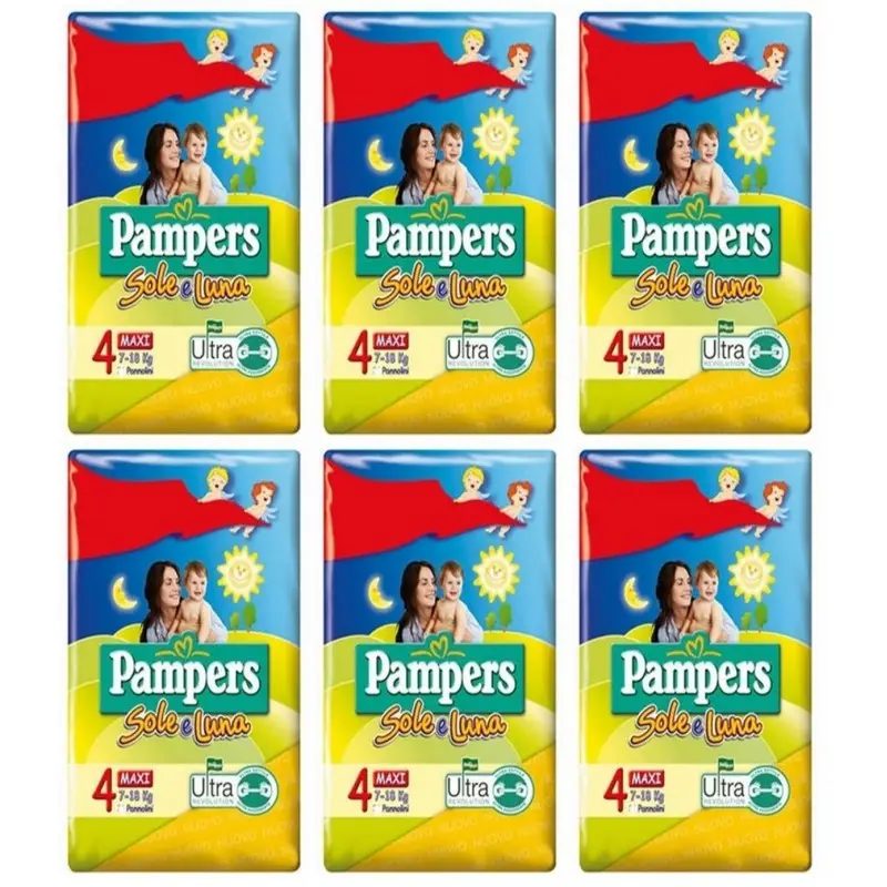 6 PACCHI PANNOLINI PAMPERS SOLE E LUNA TAGLIA 4 108 PEZZI