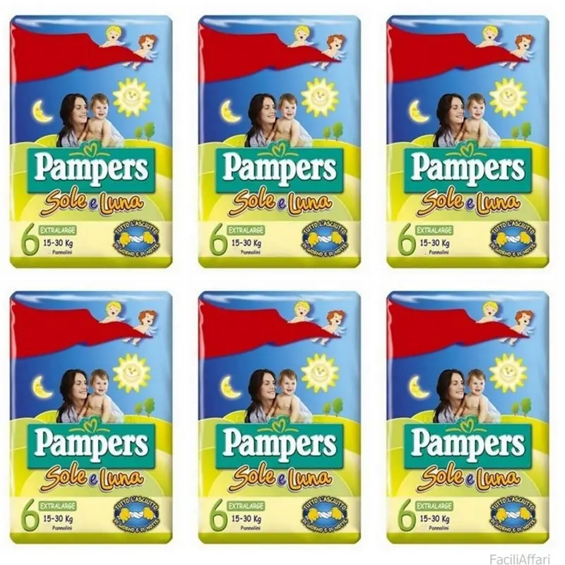 6 PACCHI PANNOLINI PAMPERS SOLE E LUNA TAGLIA 6 90 PEZZI