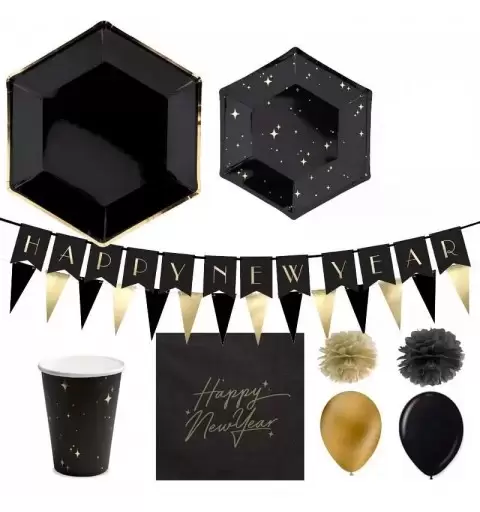 SET TAVOLA CAPODANNO PER 12 PERSONE – ACCESSORI FESTA FINE ANNO ORO E NERO