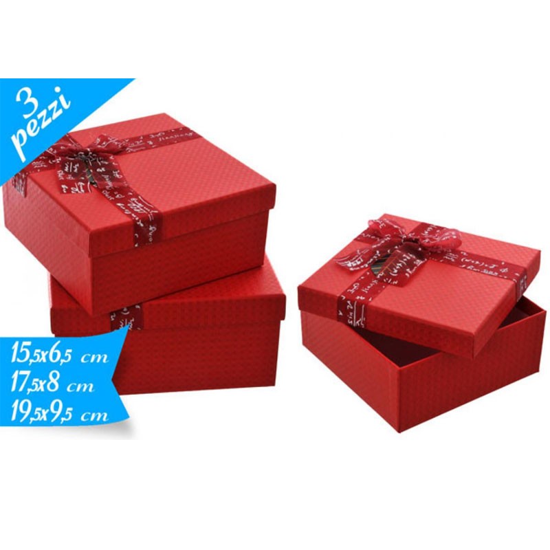 set 3 scatole quadrate rosse 15 - 17 19 cm 781831 con fiocco