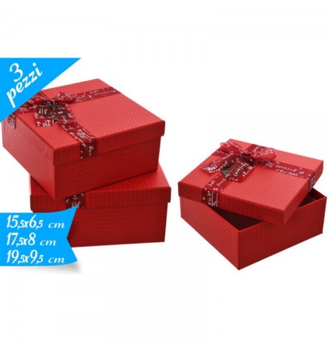 set 3 scatole quadrate rosse 15 - 17 19 cm 781831 con fiocco
