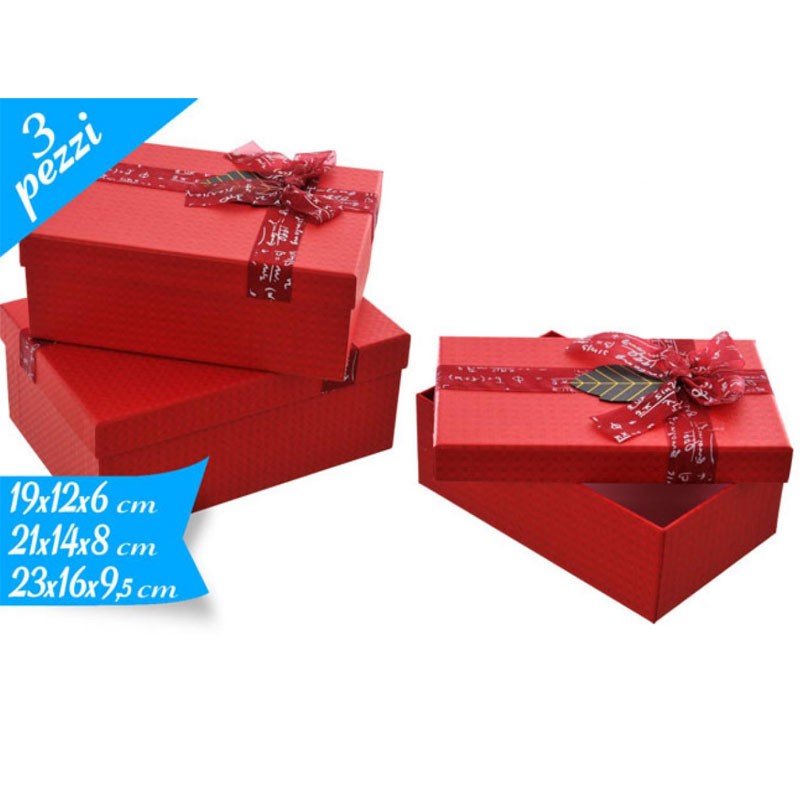 set 3 scatole rettangolari rosse 15 con fiocco 781830 19 - 21 - 23 cm