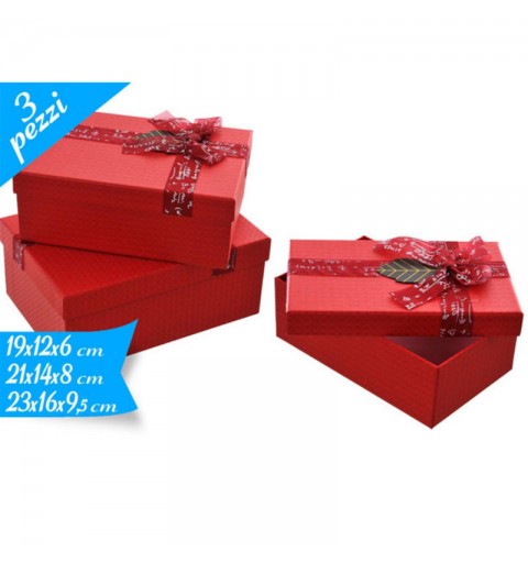 set 3 scatole rettangolari rosse 15 con fiocco 781830 19 - 21 - 23 cm