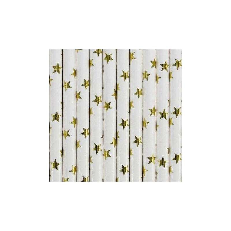 Cannucce in carta bianca con stelle oro 10 pz SPP5M-019