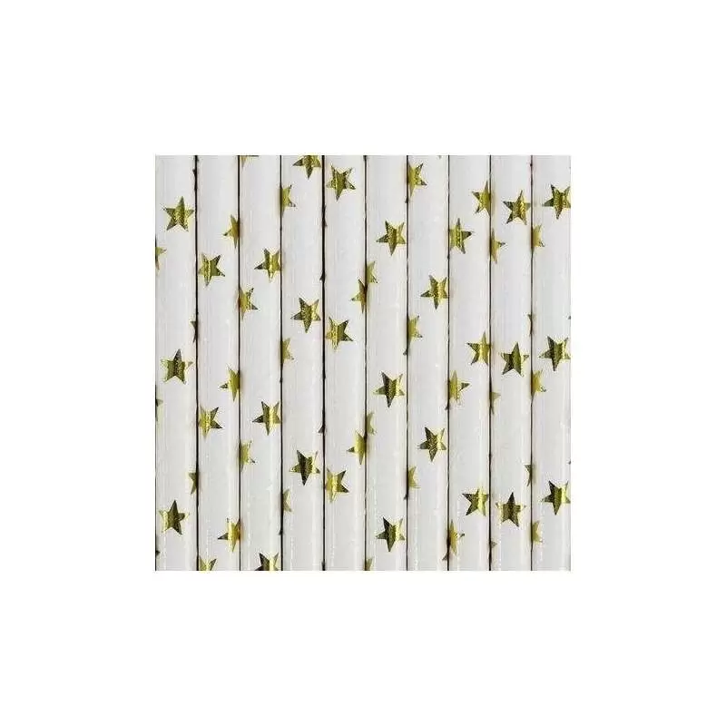 Cannucce in carta bianca con stelle oro 10 pz SPP5M-019