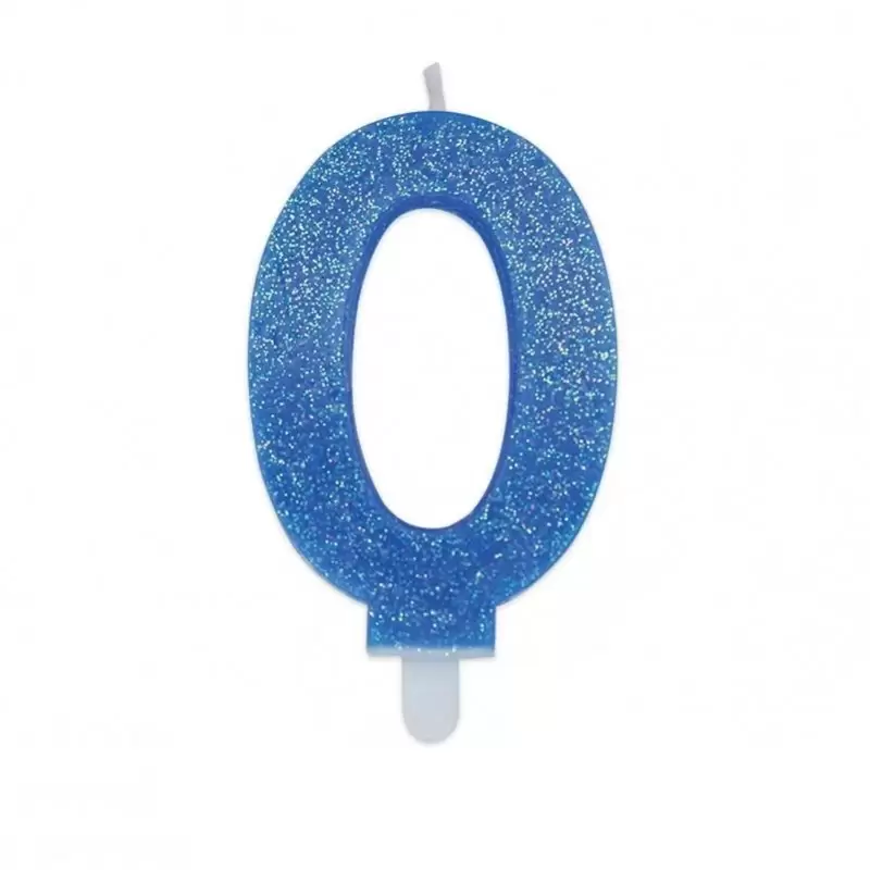 Candela a forma di numero 0 in cera celeste con glitter 7,5 cm 73720