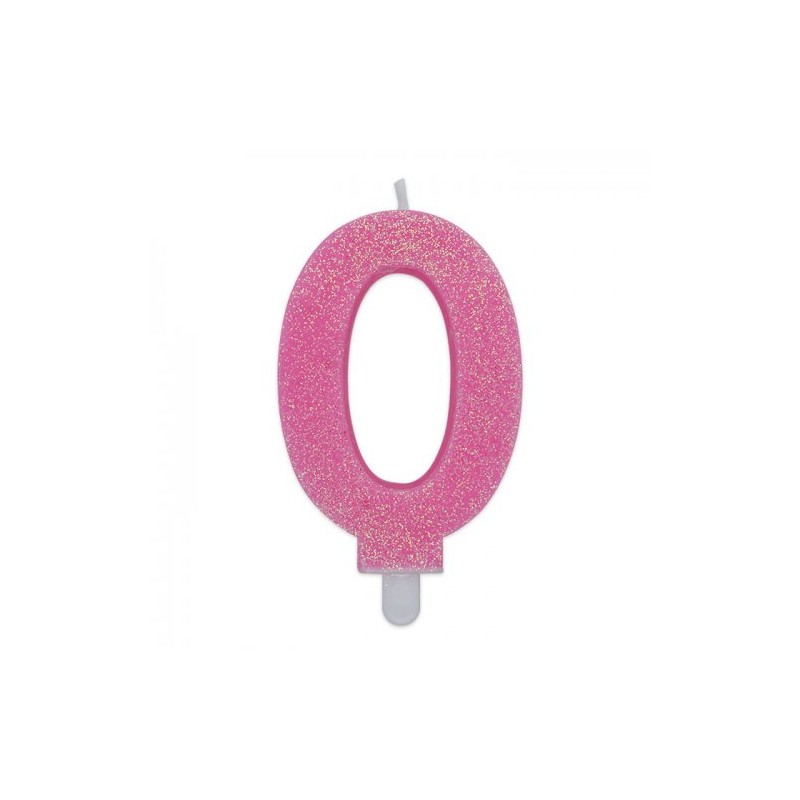 Candela a forma di numero 0 in cera rosa con glitter 7,5 cm 73730