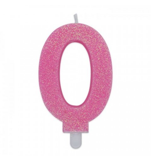 Candela a forma di numero 0 in cera rosa con glitter 7,5 cm 73730