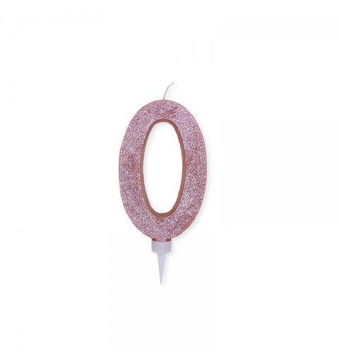 Candela a forma di numero 0 in cera rosa gold con glitter 7,5 cm 74350