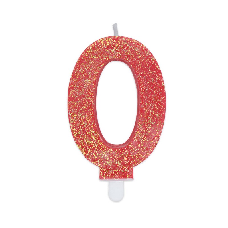 Candela a forma di numero 0 in cera Sweety Rosso Glitter 7,5cm - 73750