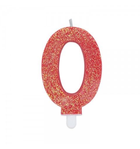 Candela a forma di numero 0 in cera Sweety Rosso Glitter 7,5cm - 73750