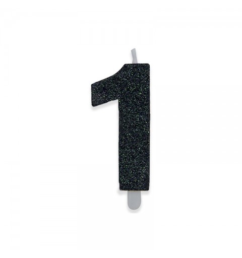 Candela a forma di numero 1 in cera nera con glitter 15 cm 73931