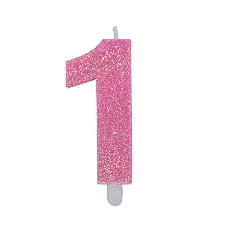 Candela a forma di numero 1 in cera rosa con glitter 7,5 cm 73731