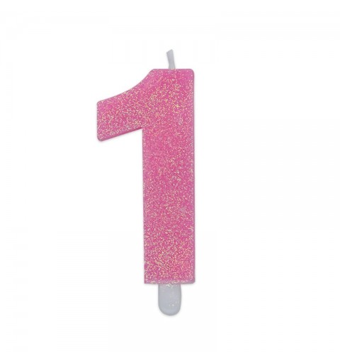 Candela a forma di numero 1 in cera rosa con glitter 7,5 cm 73731