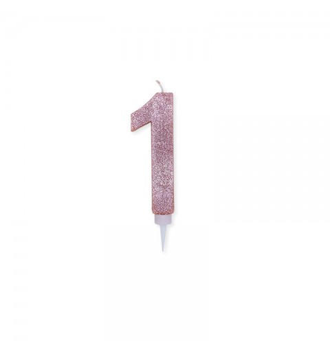 Candela a forma di numero 1 in cera rosa gold con glitter 15 cm 74361