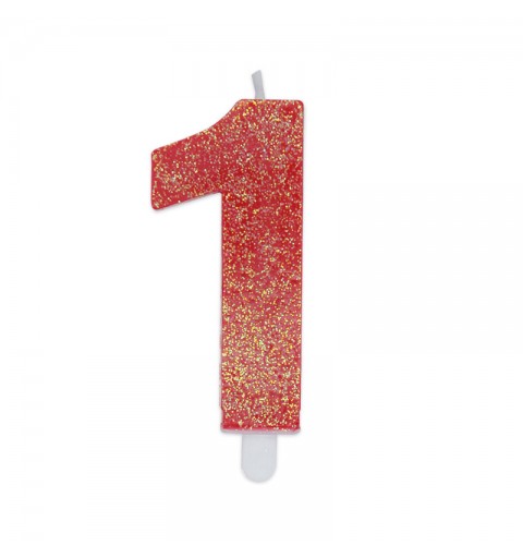 Candela a forma di numero 1 in cera Sweety Rosso Glitter 7,5cm - 73751