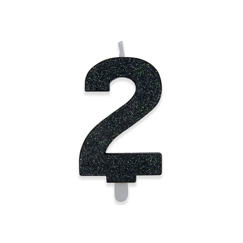 Candela a forma di numero 2 in cera nera con glitter 15 cm 73932