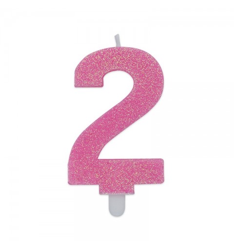 Candela a forma di numero 2 in cera rosa con glitter 7,5 cm 73732