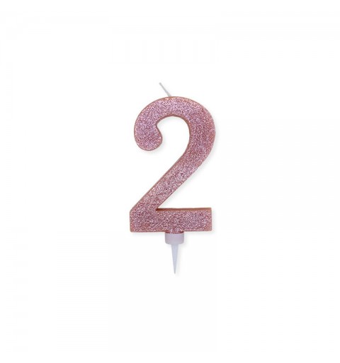Candela a forma di numero 2 in cera rosa gold con glitter 15 cm 74362