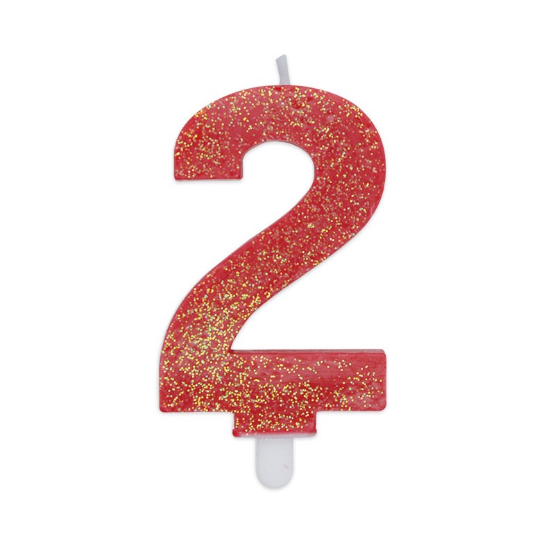 Candela a forma di numero 2 in cera Sweety Rosso Glitter 7,5cm - 73752