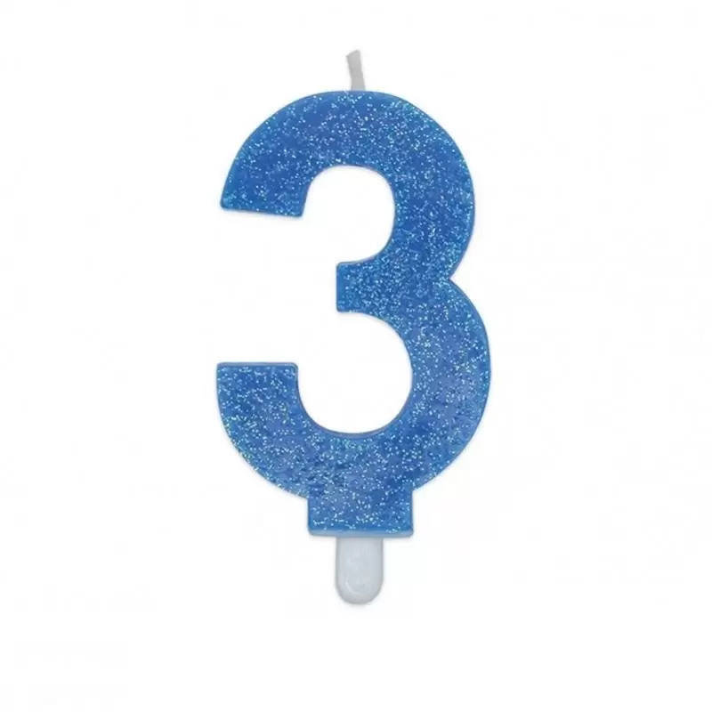 Candela a forma di numero 3 in cera celeste con glitter 7,5 cm 73723