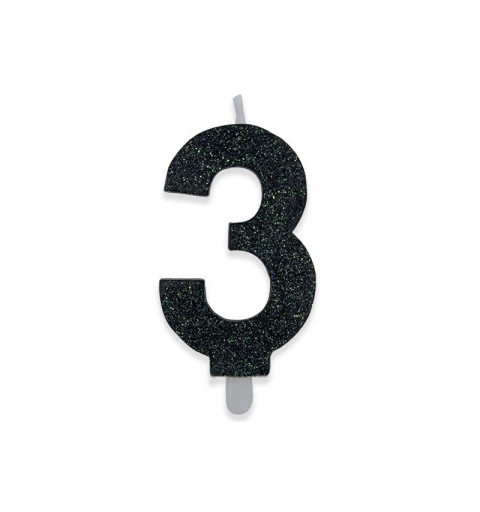 Candela a forma di numero 3 in cera nera con glitter 15 cm 73933