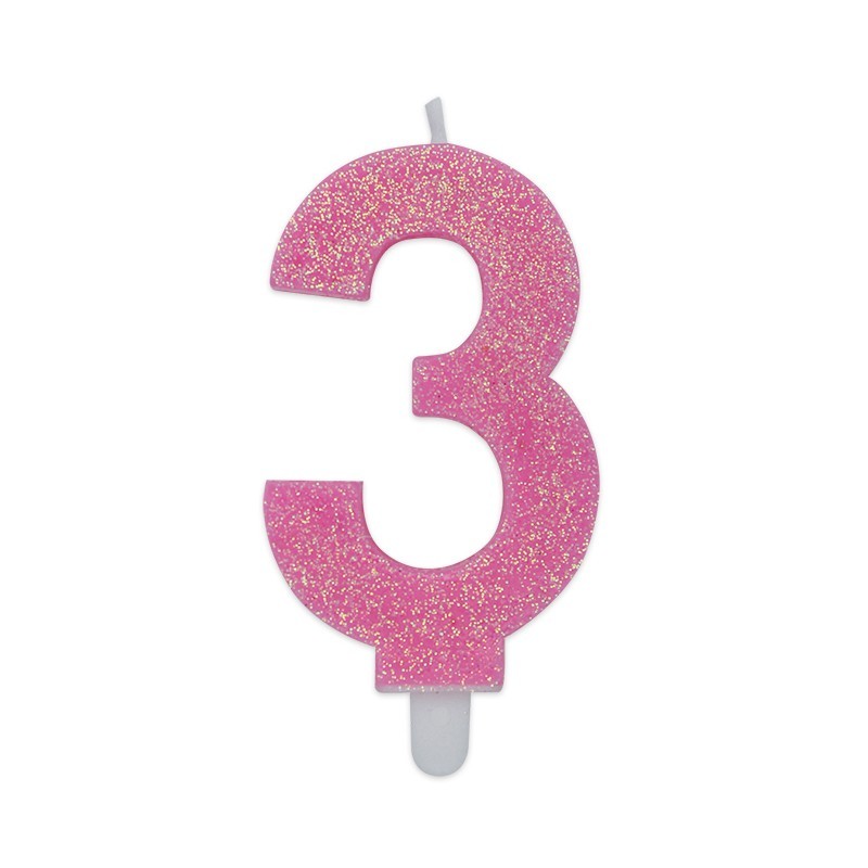 Candela a forma di numero 3 in cera rosa con glitter 7,5 cm 73733