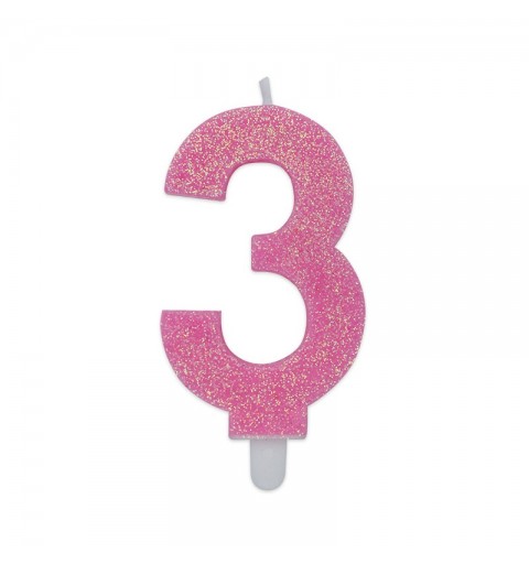 Candela a forma di numero 3 in cera rosa con glitter 7,5 cm 73733