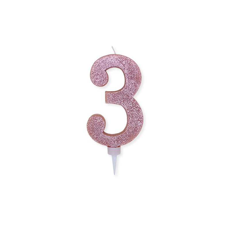 Candela a forma di numero 3 in cera rosa gold con glitter 15 cm 74363