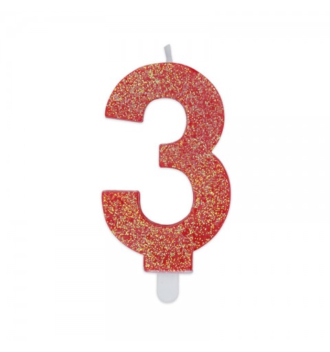 Candela a forma di numero 3 in cera Sweety Rosso Glitter 7,5cm - 73753