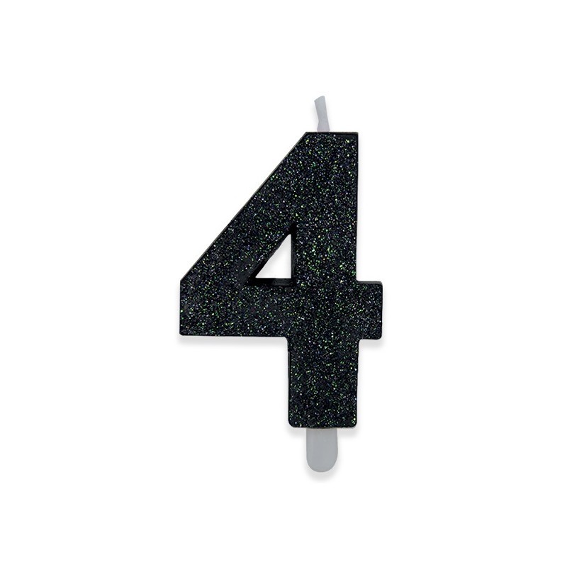 Candela a forma di numero 4 in cera nera con glitter 15 cm 73934