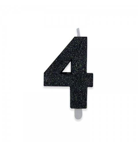 Candela a forma di numero 4 in cera nera con glitter 15 cm 73934