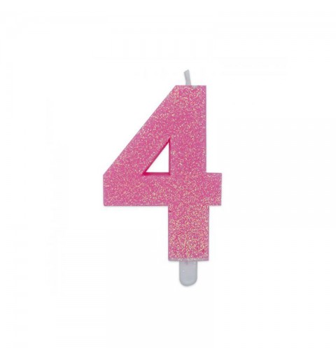 Candela a forma di numero 4 in cera rosa con glitter 7,5 cm 73734