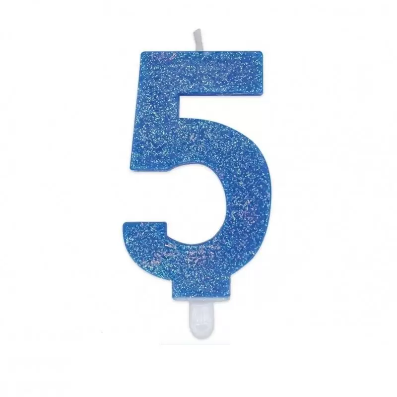 Candela a forma di numero 5 in cera celeste con glitter 7,5 cm 73725