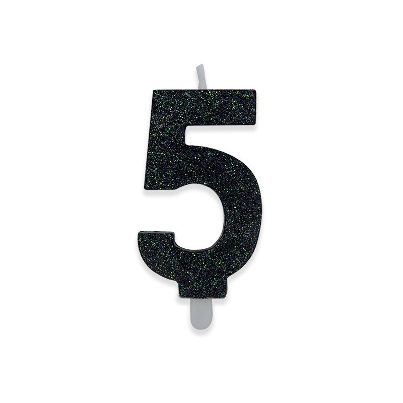 Candela a forma di numero 5 in cera nera con glitter 15 cm 73935