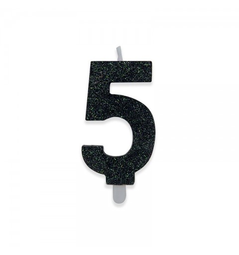 Candela a forma di numero 5 in cera nera con glitter 15 cm 73935