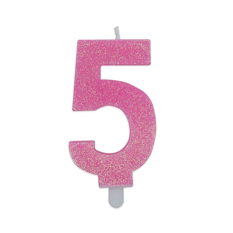 Candela a forma di numero 5 in cera rosa con glitter 7,5 cm 73735