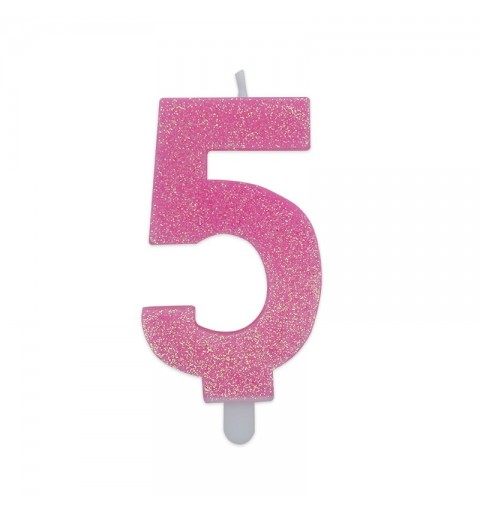 Candela a forma di numero 5 in cera rosa con glitter 7,5 cm 73735
