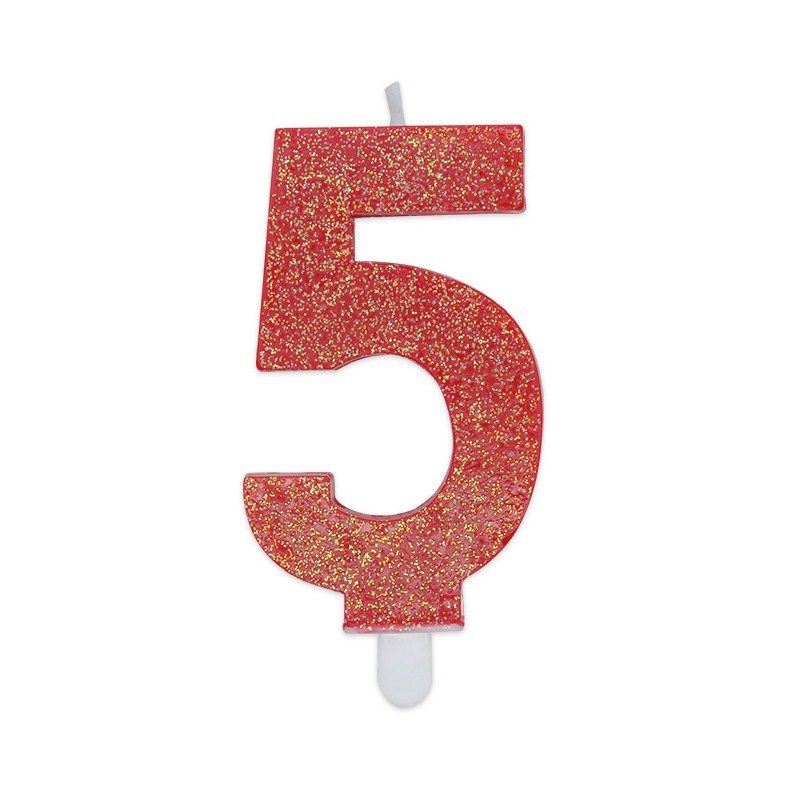 Candela a forma di numero 5 in cera Sweety Rosso Glitter 7,5cm - 73755