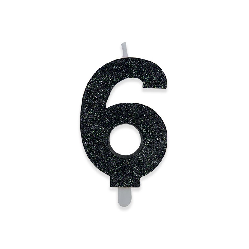 Candela a forma di numero 6 in cera nera con glitter 15 cm 73936