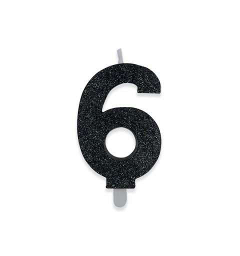 Candela a forma di numero 6 in cera nera con glitter 15 cm 73936