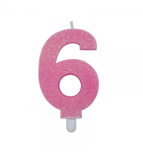 Candela a forma di numero 6 in cera rosa con glitter 7,5 cm 73736