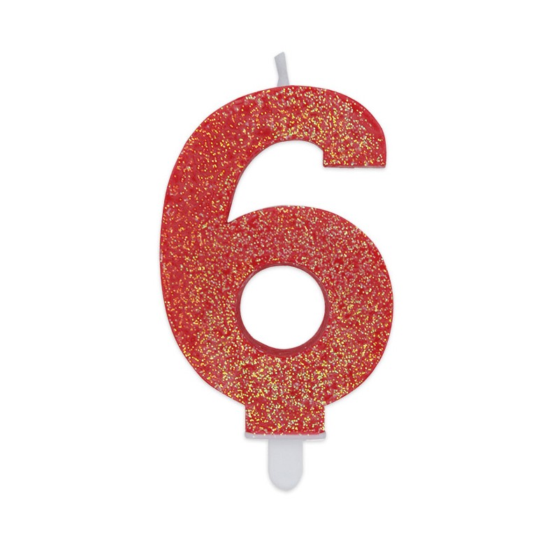 Candela a forma di numero 6 in cera Sweety Rosso Glitter 7,5cm - 73756