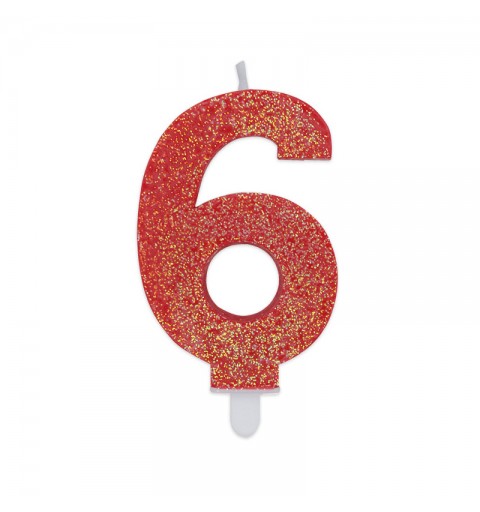 Candela a forma di numero 6 in cera Sweety Rosso Glitter 7,5cm - 73756